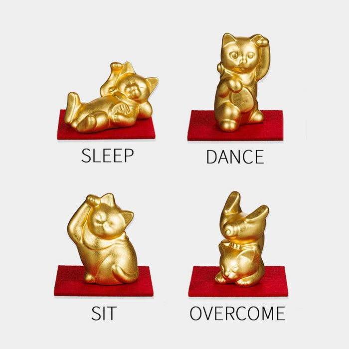 Gold maneki neko lucky cat figurines in four poses — Sleep, Dance, Sit, Overcome | Kanazawa gold leaf, Hakuichi