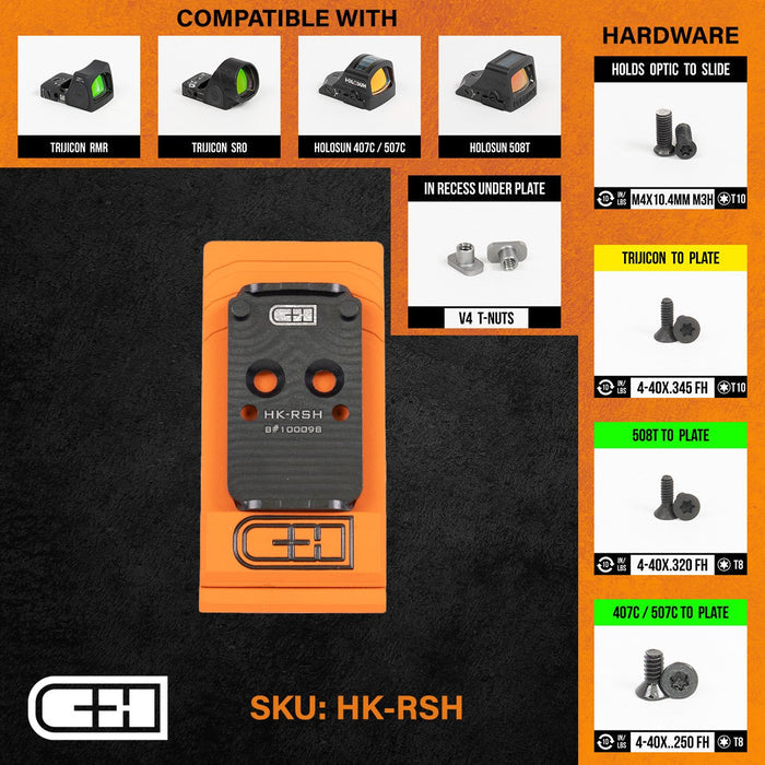 C&H Adapter Plate For HK 2020 VP9 V4 To Fit Trijicon RMR / SOR, Holosun 507C/407c/508C/508T-Optics Force