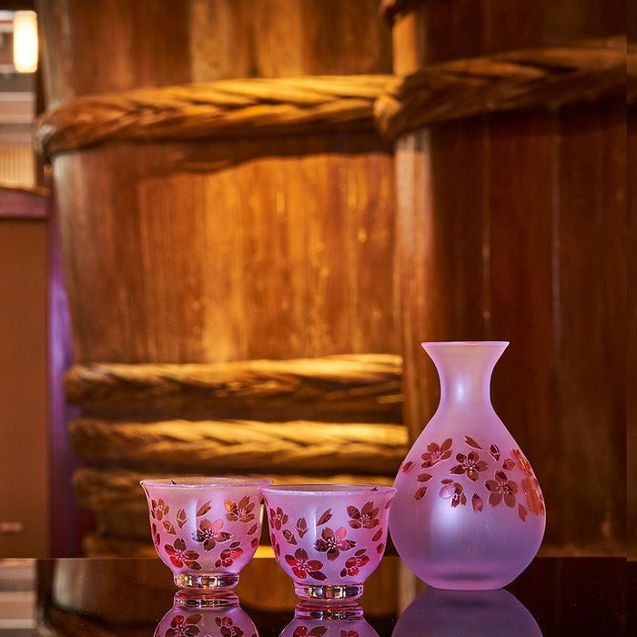 [CHOUKOKU GLASSES (CARVING) YUME GLASS] SAKURA THREE-PIECE SET FOR SAKE | TABLEAU