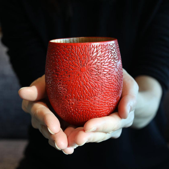 [CUP] CHRYSANTHEMUM PATTERN (RED) | PRINTING AND KYO-YUZEN ENGRAVING| SANSAI STUDIO
