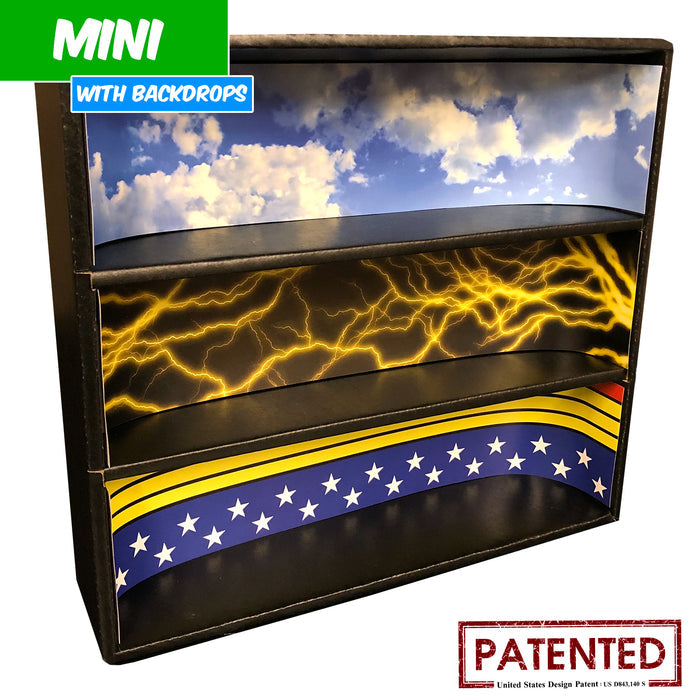 DC - MINI Display Case for Small Toys with 3 Backdrop Inserts, Corrugated Cardboard - Display Geek