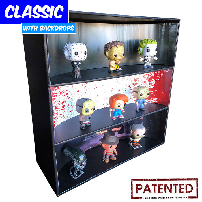 **BACK IN STOCK MAY 13TH** HORROR - Display Case for Funko Pops with 3 Backdrop Inserts, Corrugated Cardboard - Display Geek