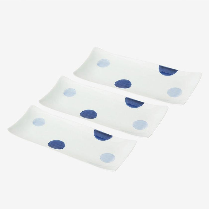 [DISH SETS] TWO-COLOR ROUND PATTERN LONG RECTANGULAR DISH SET OF 3 (BLUE) | HASAMI WARES| SAIKAI TOKI
