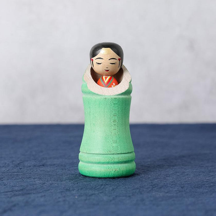 Princess Kaguya kokeshi wooden doll in green bamboo design | Tsuchiyu, Fukushima, Akihiro Konno