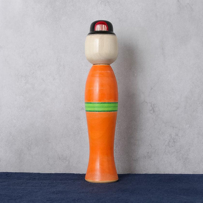 Tall orange kokeshi wooden doll with green stripe, Taisho-style | Tsuchiyu, Fukushima, Konno Akihiro