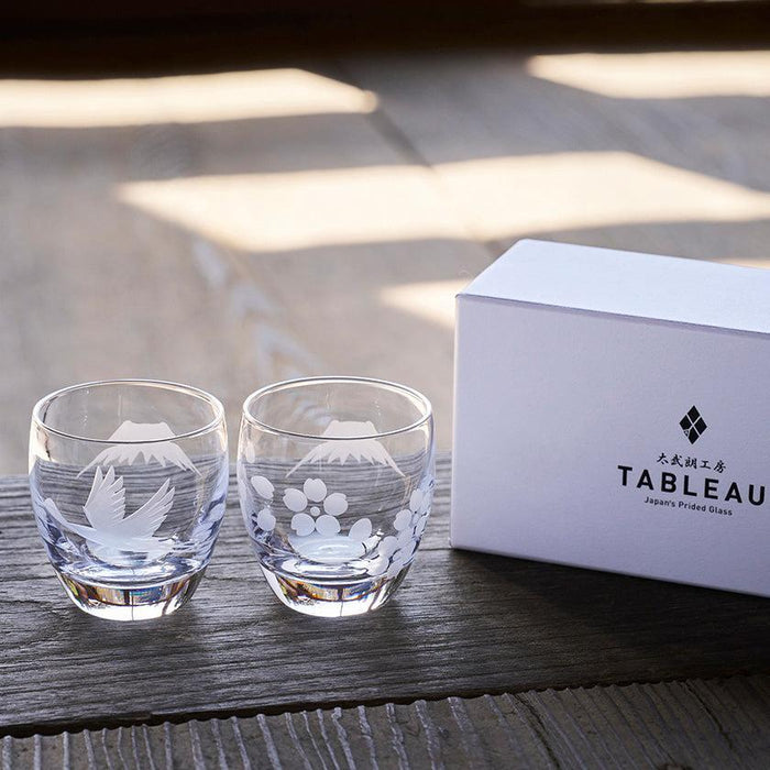 [EDO KIRIKO] "MT. FUJI" AND "CRANE" "CHERRY BLOSSOM" SAKE GLASS | TABLEAU