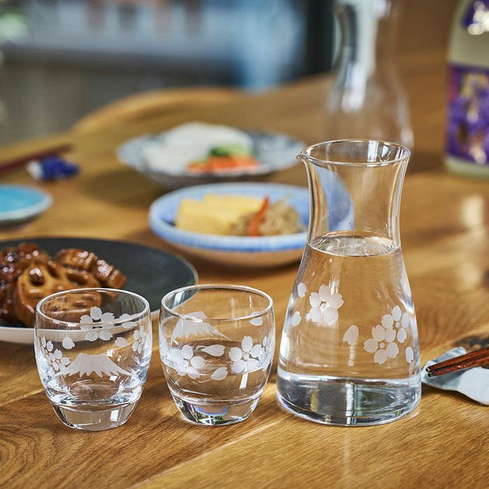 [EDO KIRIKO] "MT. FUJI" AND "CRANE" "CHERRY BLOSSOM" SAKE GLASS | TABLEAU