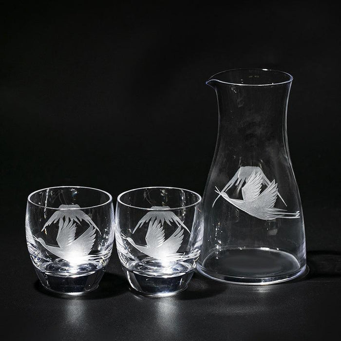 [EDO KIRIKO] MT. FUJI AND CRANE THREE-PIECE SET FOR SAKE | TABLEAU