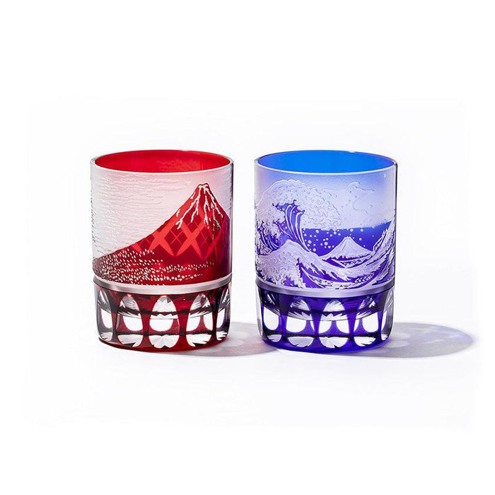 [EDO KIRIKO] "RED FUJI" "MT. FUJI" AND YARAI OLD-FASHIONED GLASS | TABLEAU