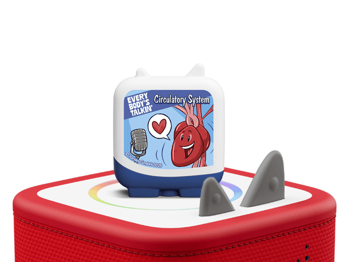 Every Body's Talkin' 2 Pocket Tonies on a red Toniebox 2 ready to play audio stories and songs curated for kids