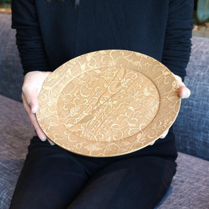 [LARGE PLATE (PLATTER)] RIMMED DISH - GRAPES ARABESQUE - LIGHT BROWN | PRINTING AND KYO-YUZEN ENGRAVING| SANSAI STUDIO
