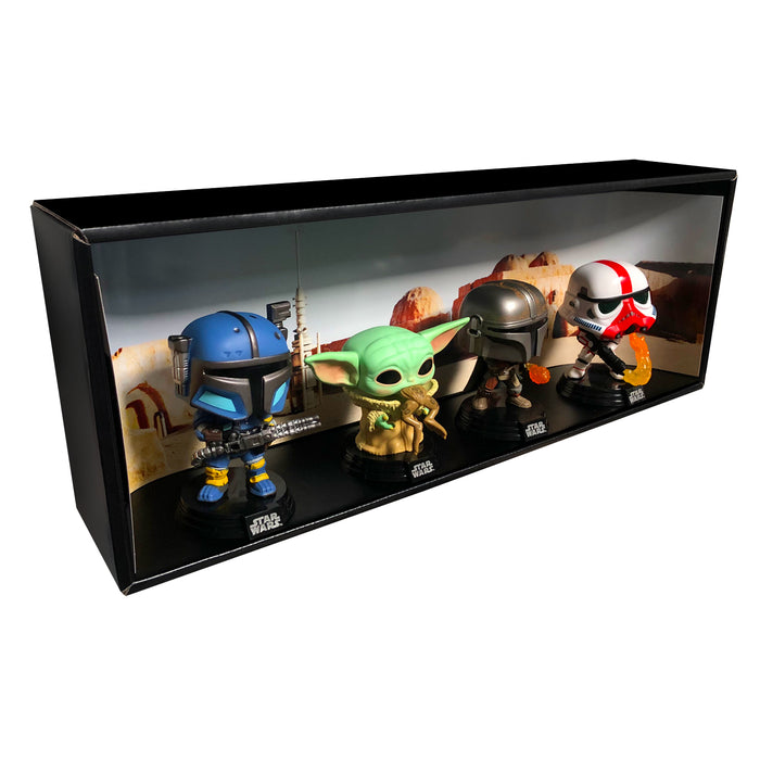MANDALORIAN - Single Row Display Case with Backdrop Insert, Wall Mountable & Stackable Pop Shelf, Corrugated Cardboard