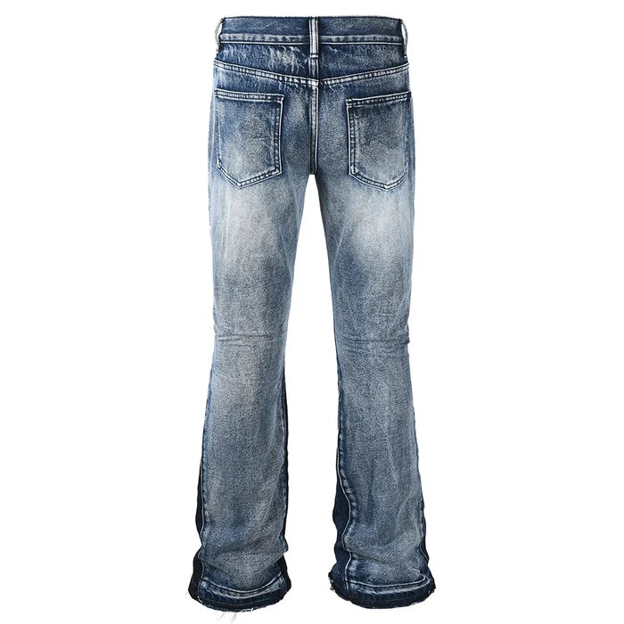 Men's Spliced Boot Cut Denim Jeans Casual Blue Flared Pants Released Hem Streetwear Trousers