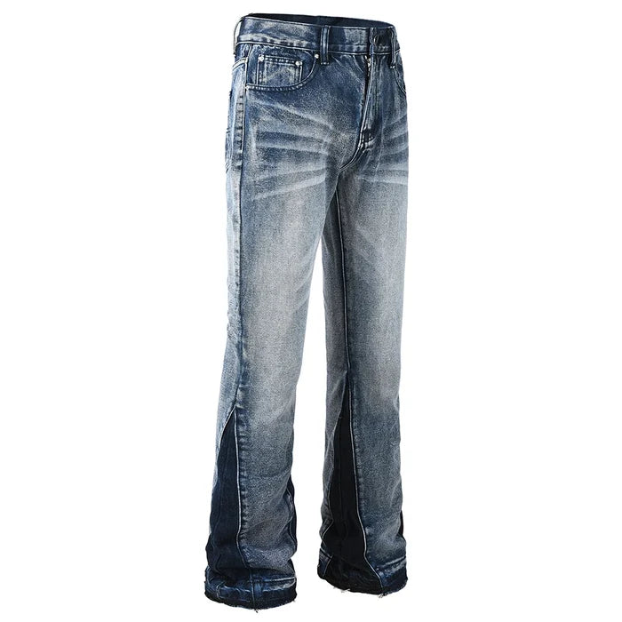 Men's Spliced Boot Cut Denim Jeans Casual Blue Flared Pants Released Hem Streetwear Trousers