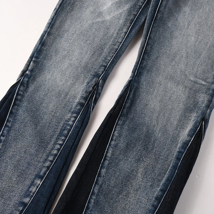 Men's Spliced Boot Cut Denim Jeans Casual Blue Flared Pants Released Hem Streetwear Trousers