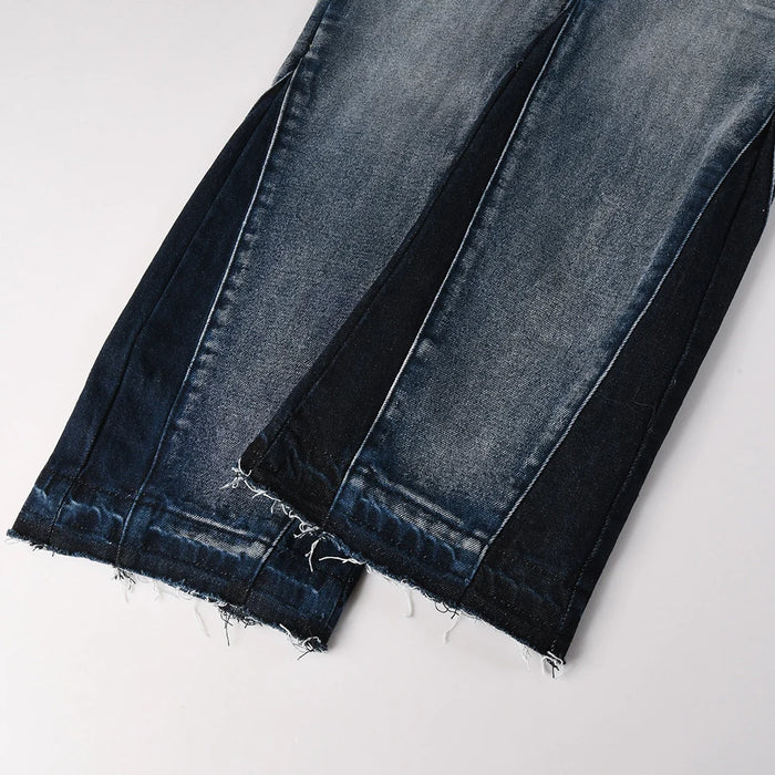 Men's Spliced Boot Cut Denim Jeans Casual Blue Flared Pants Released Hem Streetwear Trousers