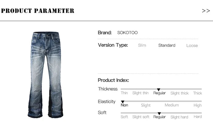 Men's Spliced Boot Cut Denim Jeans Casual Blue Flared Pants Released Hem Streetwear Trousers