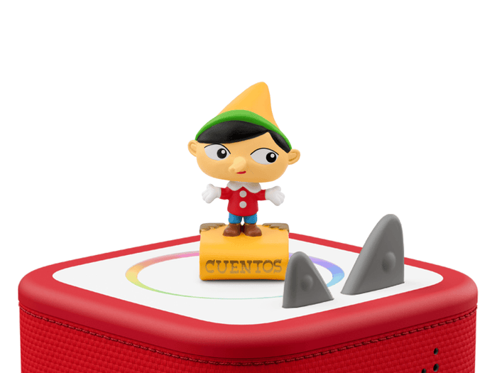 Pinocho y Otros Cuentos Clásicos Tonie (en Español) on a red Toniebox 2 ready to play audio stories and songs