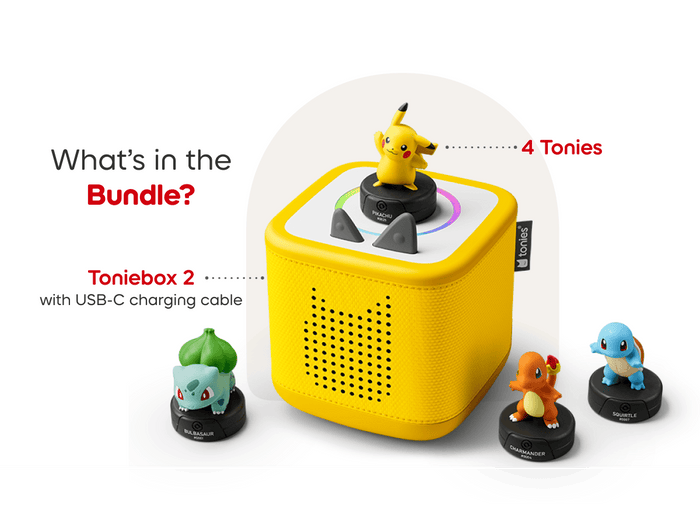 Whats included in the Toniebox2 Lightning Yellow Bundle Pokémon. One Toniebox 2 and 4 Pokemon tonies