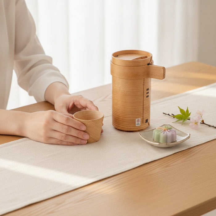 [SAKE BOTTLE & CUP SET] 3-PIECE SET (BOTTLE FOR 360ml) | ODATE MAGEWAPPA | KURIKYU｜使用イメージ（演出・テーブルコーディネート）※手作りのため色・風合いは一点ごとに異なります