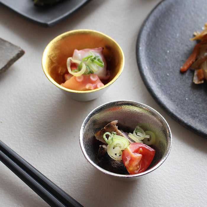 Gold and silver tin sake cups with Japanese small plates food styling | Nousaku, Takaoka
