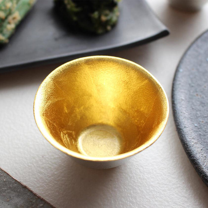 Gold leaf interior tin sake cup by Nousaku | Takaoka casting, Japan