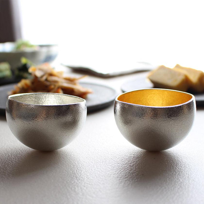Tin sake cup set with gold leaf interior, Takaoka casting craft | Nousaku, Japan