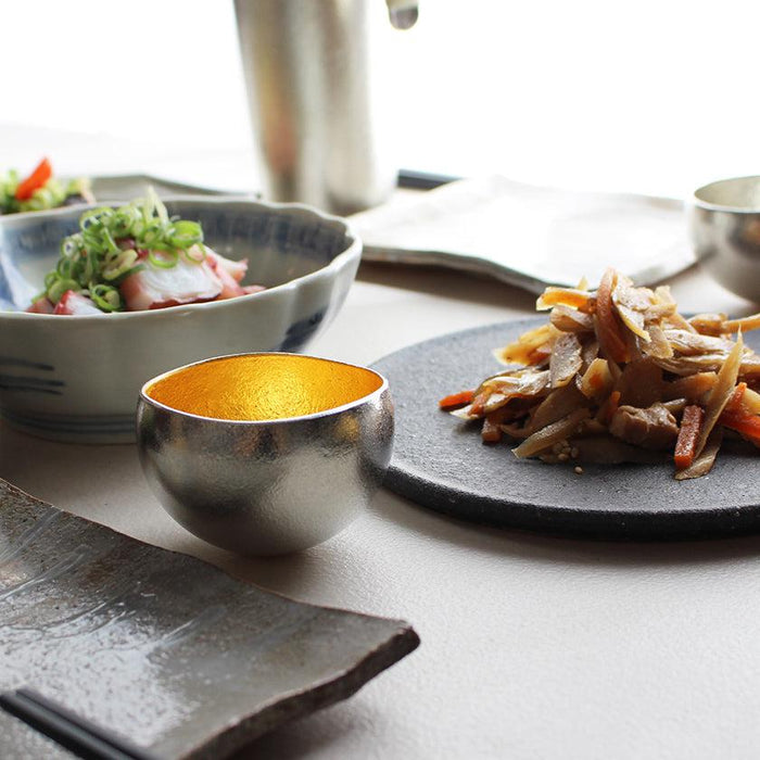 Tin and gold leaf sake cup on Japanese dining table setting | Takaoka casting, Nousaku