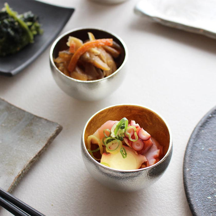 Tin and gold leaf sake cups serving small Japanese appetizers | Nousaku casting, Takaoka