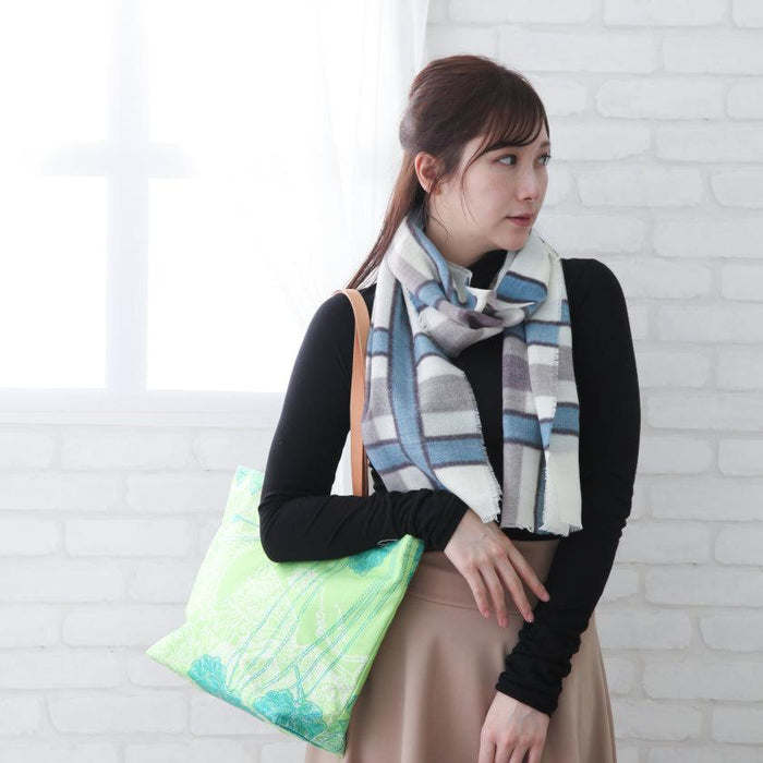 [SCARF] LARGE LATTICE (WHITE & BLUE-GRAY) S | KYO YUZEN DYEING | NOGIGUCHI KIHEI