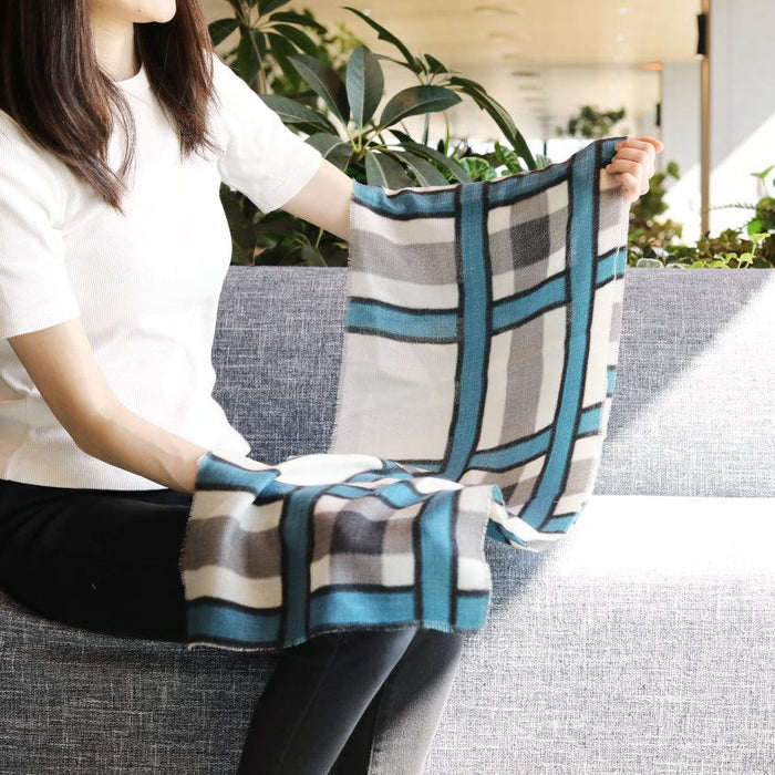 [SCARF] LARGE LATTICE (WHITE & BLUE-GRAY) S | KYO YUZEN DYEING | NOGIGUCHI KIHEI