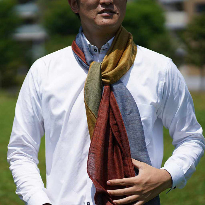 [SCARF] STALL YASURAGI ERIMAKI (GOLD ÁEMOSS GREEN ÁETERRACOTTA ÁEGRAYISH BLUE) | GUNNAI TEXTILES| FUJI SAKURA