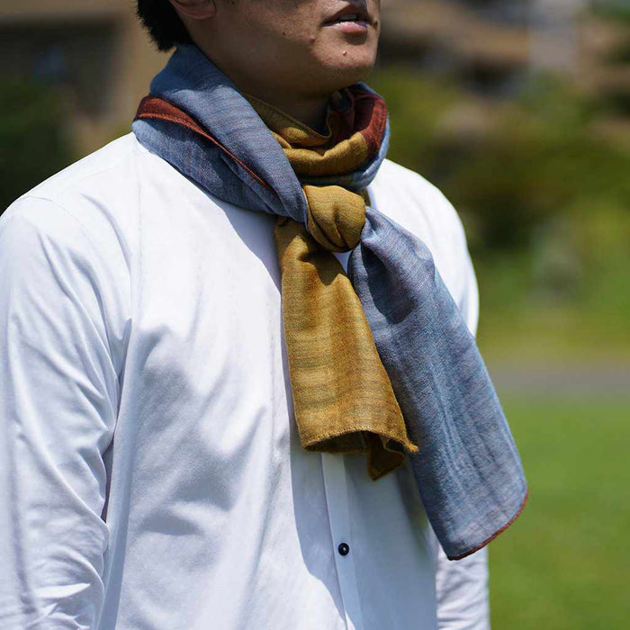 [SCARF] STALL YASURAGI ERIMAKI (GOLD ÁEMOSS GREEN ÁETERRACOTTA ÁEGRAYISH BLUE) | GUNNAI TEXTILES| FUJI SAKURA