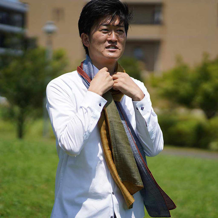 [SCARF] STALL YASURAGI ERIMAKI (GOLD ÁEMOSS GREEN ÁETERRACOTTA ÁEGRAYISH BLUE) | GUNNAI TEXTILES| FUJI SAKURA