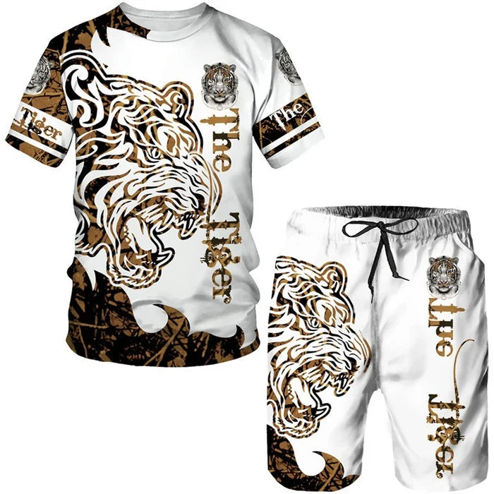Summer men's 3D tiger print men's T-shirt set, casual sportswear, streetwear, sportswear 2-piece set