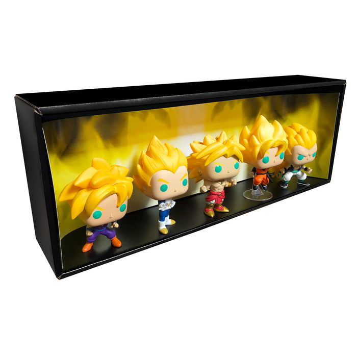 SUPER SAIYAN - Single Row Display Case with Backdrop Insert, Wall Mountable & Stackable Pop Shelf, Corrugated Cardboard