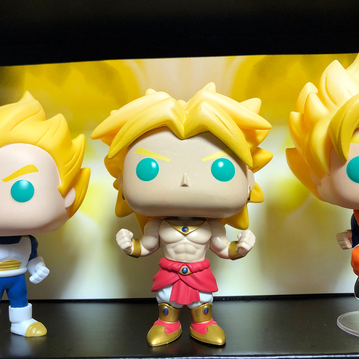 SUPER SAIYAN - Single Row Display Case with Backdrop Insert, Wall Mountable & Stackable Pop Shelf, Corrugated Cardboard