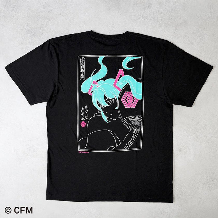 Black graphic t-shirt with Hatsune Miku Japanese art print, back view | Hatsune Koubou
