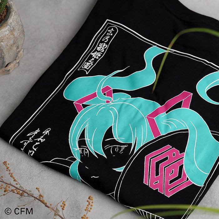 Black Hatsune Miku graphic t-shirt with hand-printed teal and pink anime design | Hatsune Koubou, Japan