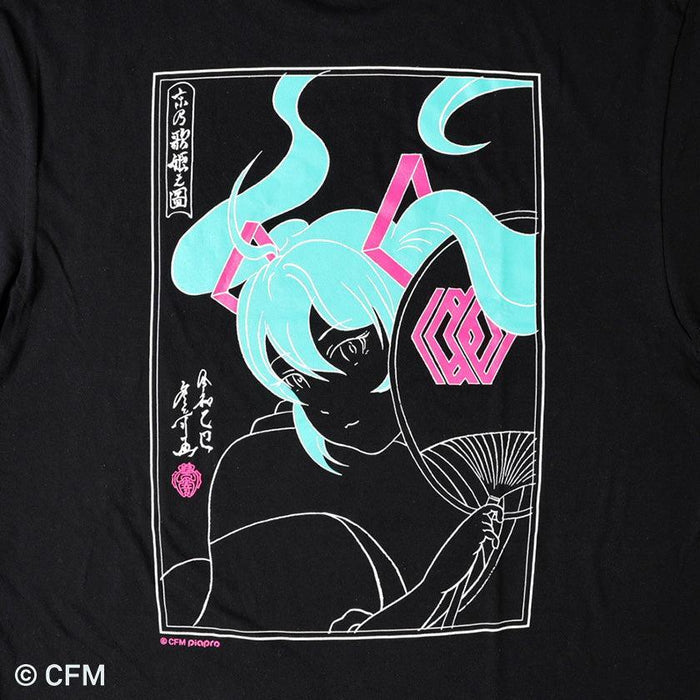Black hand-printed graphic t-shirt featuring Hatsune Miku ukiyo-e style design | HATSUNE KOUBOU