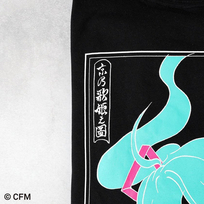 Black Hatsune Miku graphic T-shirt with kabuki-style turquoise print and Japanese calligraphy | Hatsune Koubou