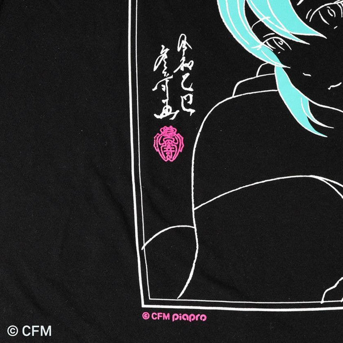 Black graphic t-shirt with hand-printed Hatsune Miku anime design and Japanese calligraphy seal | Hatsune Koubou