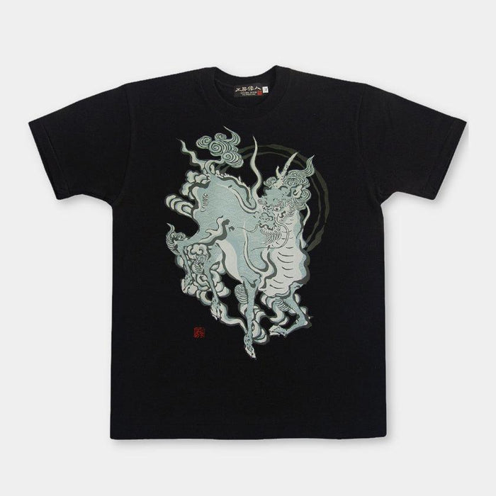 Black graphic t-shirt with kirin mythical creature silk-screen print | Wajin Art T-Shirts, Japan