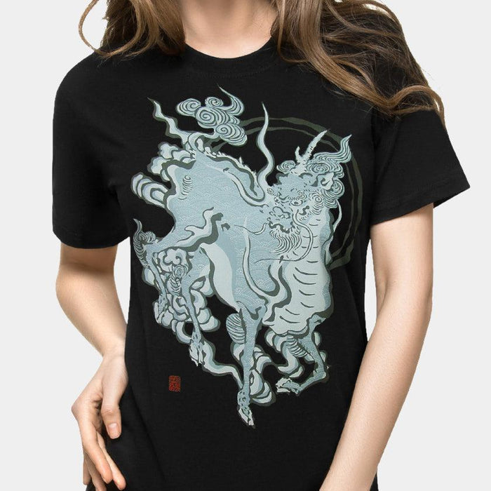 Black graphic t-shirt with kirin mythical creature silk-screen print | WAJIN ART T-SHIRTS JAPAN