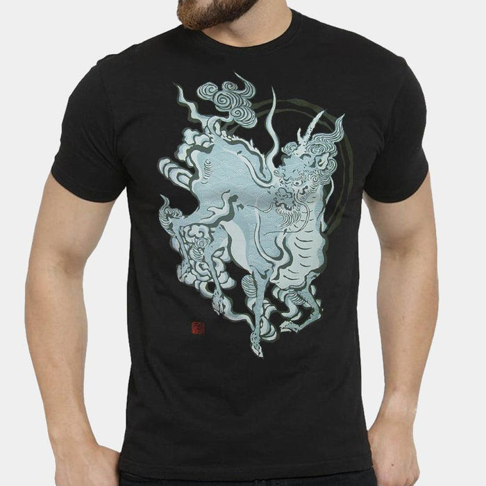 Black graphic t-shirt with kirin mythical creature silk-screen print | WAJIN ART T-SHIRTS, Japan