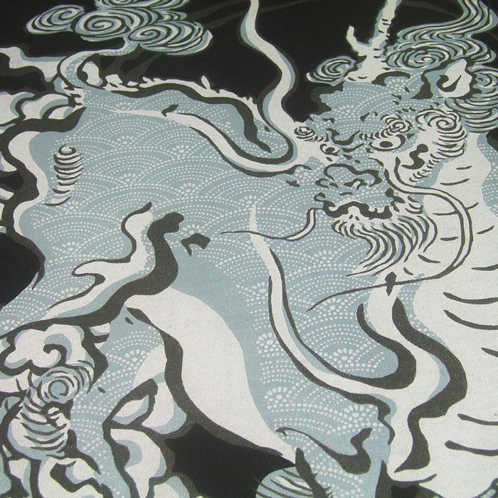 Close-up of silk-screen printed kirin motif in black and grey on a Japanese t-shirt | WAJIN ART T-SHIRTS JAPAN