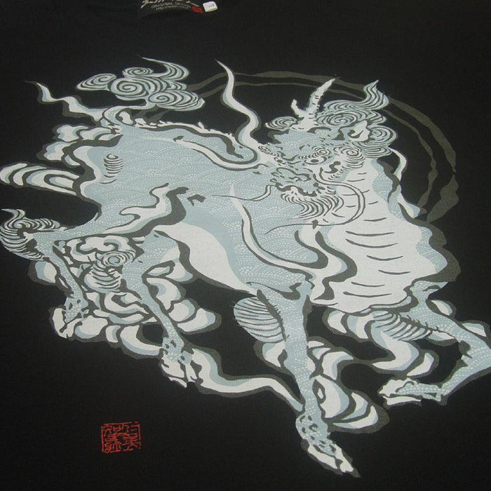 Black Japanese t-shirt with silk-screen print kirin mythical creature design | WAJIN ART T-SHIRTS JAPAN