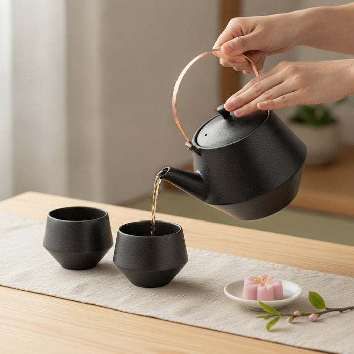 [TEA POT & CUPS SET] BLACK | MINO WARES | MARUMO TAKAGI｜使用イメージ（演出・テーブルコーディネート）※手作りのため色・風合いは一点ごとに異なります