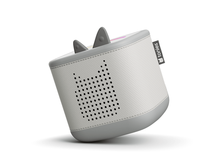 Tilted view of moon gray Toniebox 2 an audio player for kids, used with Tonie audio figurines and Tonieplay games