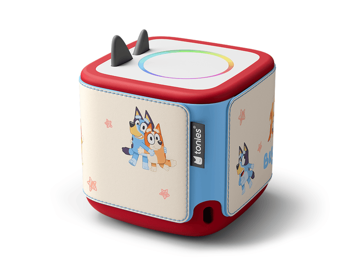 Side view of Toniebox 2 with bluey sleeve on it